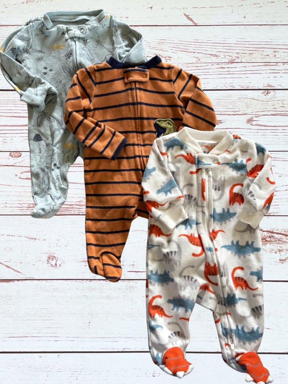 Newborn Baby White Dinosaur Printed Footie Pajamas 3 pc. Bundle